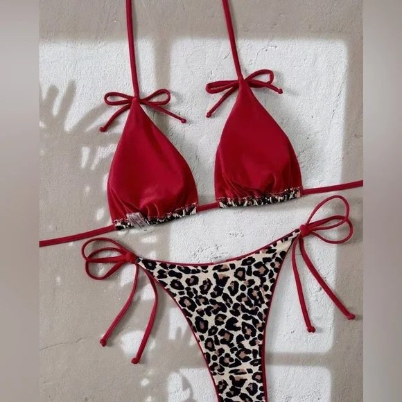Leopard Print Halter Red Bows Side Tie Bikini Set - Picture 4 of 8